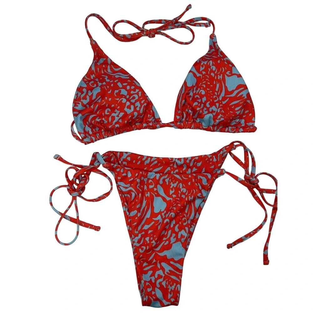 Red Blue 2 Piece Swimsuit String Bikini Small Beach‎ Vacation Cheeky